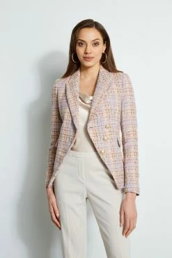 Elie Tahari Tweed 3 Button Blazer -Elie Tahari Sales 2023 CR405K200 PUTTYMELANGE E403F103 MULTI E207G503 BUFF 2front 035