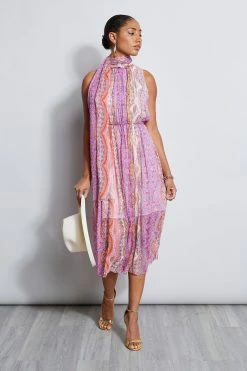 Elie Tahari Crinkle Silk Paisley Midi Dress