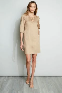 Elie Tahari Tie Up Poplin Dress -Elie Tahari Sales 2023 E2044602 RATTAN 1HERO 020