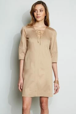 Elie Tahari Tie Up Poplin Dress -Elie Tahari Sales 2023 E2044602 RATTAN 2FRONT 025