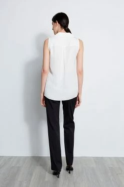 Elie Tahari Sleeveless Silk Chain Collar Shirt -Elie Tahari Sales 2023 E20M020U BLACK E310N503 FRESHPEARL 3back 4512