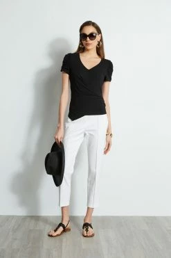 Elie Tahari Ruched Sleeve V-Neck Knit -Elie Tahari Sales 2023 E20M021U WHITE E456X503 BLACK 1hero 335