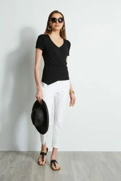 Elie Tahari Ruched Sleeve V-Neck Knit -Elie Tahari Sales 2023 E20M021U WHITE E456X503 BLACK 1hero 344