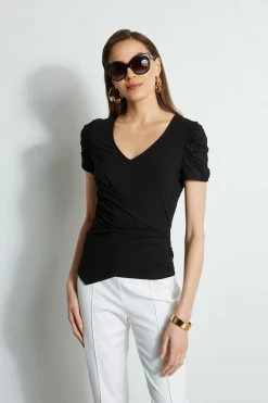 Elie Tahari Ruched Sleeve V-Neck Knit -Elie Tahari Sales 2023 E20M021U WHITE E456X503 BLACK 2front 847