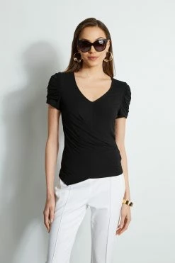 Elie Tahari Ruched Sleeve V-Neck Knit