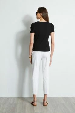Elie Tahari Ruched Sleeve V-Neck Knit -Elie Tahari Sales 2023 E20M021U WHITE E456X503 BLACK 3back 347
