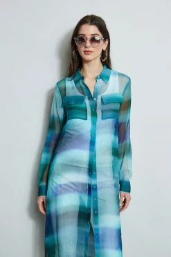 Elie Tahari Ombre Silk Chiffon Maxi Shirt -Elie Tahari Sales 2023 E20M021U WHITE E502E603 GREEN CU59150U WHITE 2front 312