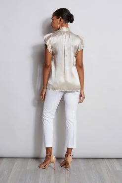 Elie Tahari Silk Satin Flutter Shirt -Elie Tahari Sales 2023 E20M021U White E207G513 Buff 3BACK 1738
