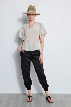 Silk Flutter Sleeve Tie Shirt -Elie Tahari Sales 2023 E3027203 BLACK ETR31224 SALT 1HERO 2025
