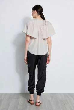 Silk Flutter Sleeve Tie Shirt -Elie Tahari Sales 2023 E3027203 BLACK ETR31224 SALT 3back 4761