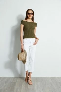 Elie Tahari Off Shoulder Rib Sweater -Elie Tahari Sales 2023 E303D202 WHITE E45X7503 TUSCANOLIVE 1Hero 323