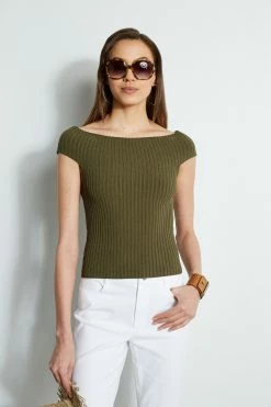 Elie Tahari Off Shoulder Rib Sweater -Elie Tahari Sales 2023 E303D202 WHITE E45X7503 TUSCANOLIVE 2front 346
