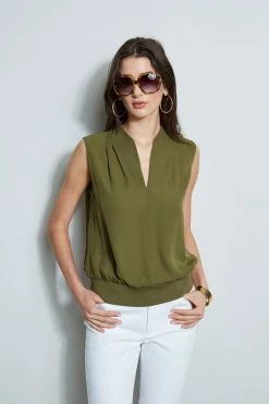 Elie Tahari Silk Contour Rib Shirt -Elie Tahari Sales 2023 E303D202 WHITE E510N503 THYME 2front 950