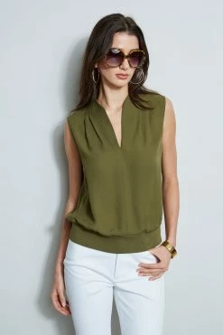 Elie Tahari Silk Contour Rib Shirt -Elie Tahari Sales 2023 E303D202 WHITE E510N503 THYME 2front 954