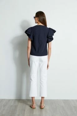 Tiered Flutter Sleeve Cotton Shirt -Elie Tahari Sales 2023 E303D202 WHITE ETR31254 NAVY 3back 281