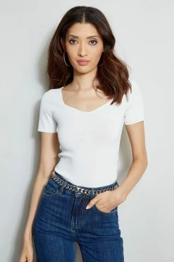 Elie Tahari Short Sleeve Contour Sweater -Elie Tahari Sales 2023 E315J202 INDIGO E45X3503 FOAM 2front 1318