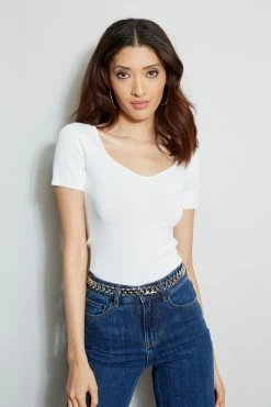 Elie Tahari Short Sleeve Contour Sweater -Elie Tahari Sales 2023 E315J202 INDIGO E45X3503 FOAM 2front 1329