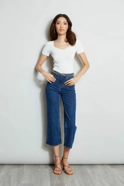 Elie Tahari Short Sleeve Contour Sweater -Elie Tahari Sales 2023 E315J202 INDIGO E45X3503 FOAM 3back 212