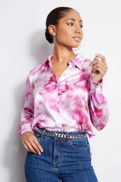 Elie Tahari Silk Satin Watercolor Floral Shirt