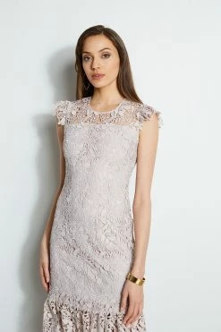 Elie Tahari Vine Lace Midi Dress -Elie Tahari Sales 2023 E401C603 ALMOND 2front 2131