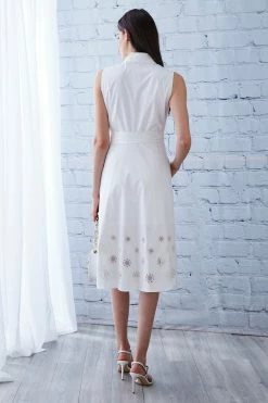 Elie Tahari Embroidered Hem Cotton Midi Dress -Elie Tahari Sales 2023 E4044602 SL DRESS KEYHOLE WHITE 847