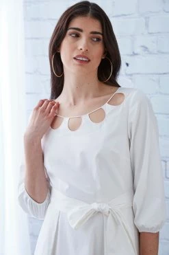 Elie Tahari Keyhole Cotton Midi Dress -Elie Tahari Sales 2023 E4044612 KEYHOLE COTTON DRESS WHITE 912