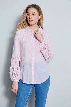 Elie Tahari Crinkle Cotton Embroidered Shirt