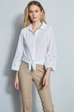 Elie Tahari Crinkle Cotton Embroidered Shirt