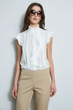 Pleated Flutter Silk Shirt -Elie Tahari Sales 2023 E40M0202 RATTAN ETR31195 SKYWHITE 2front 1669