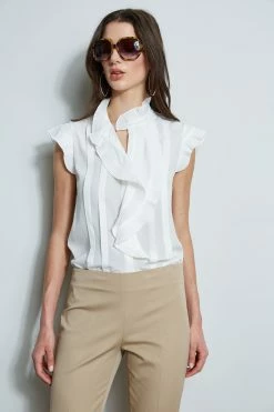 Pleated Flutter Silk Shirt -Elie Tahari Sales 2023 E40M0202 RATTAN ETR31195 SKYWHITE 2front 1676