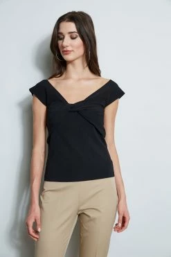 Twist Front Sweater -Elie Tahari Sales 2023 E40M0202 RATTAN ETR32139 NOIR 2front 623