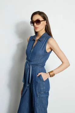 Elie Tahari Denim Tie Jumpsuit -Elie Tahari Sales 2023 E414J603 INDIGO 2front 2108