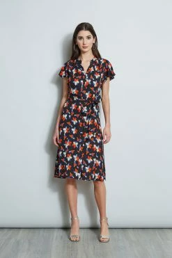 Elie Tahari Floral Flutter Sleeve Shirt Dress