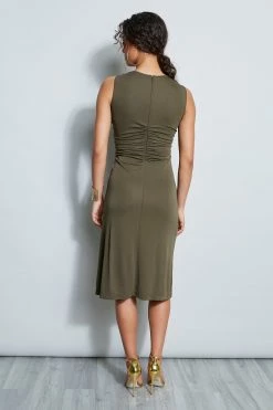 Elie Tahari Ruched Midi Dress -Elie Tahari Sales 2023 E509U602 COTTONMIDIDRESS WILLOWGREEN 3BACK 1450