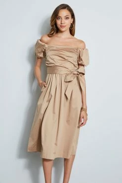 Elie Tahari Topaz Off Shoulder Midi Dress -Elie Tahari Sales 2023 E6044600 RATTAN DRESS 2FRONT 301