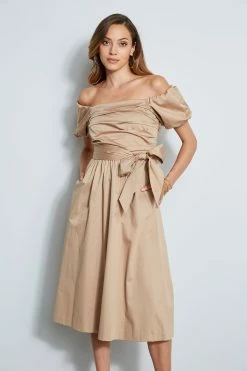 Elie Tahari Topaz Off Shoulder Midi Dress -Elie Tahari Sales 2023 E6044600 RATTAN DRESS 2FRONT 308