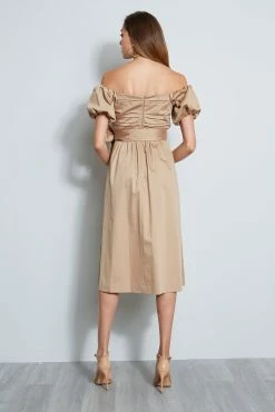 Elie Tahari Topaz Off Shoulder Midi Dress -Elie Tahari Sales 2023 E6044600 RATTAN DRESS 3BACK 312