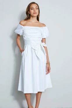 Elie Tahari Topaz Off Shoulder Midi Dress -Elie Tahari Sales 2023 E6044600 WHITE DRESS 2FRONT 272