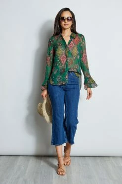 Elie Tahari Paisley Crinkle Chiffon Shirt -Elie Tahari Sales 2023 E7013503 GREENMULTI E315J202 INDIGO 1Hero 268