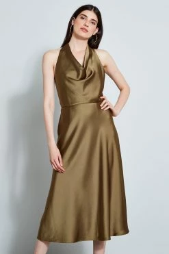 Elie Tahari Satin Halter Dress -Elie Tahari Sales 2023 E701M602MOSS 2FRONT 1035
