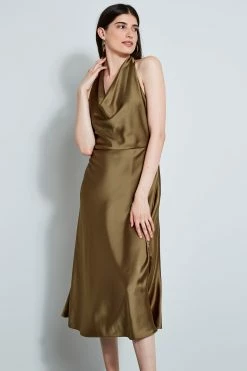 Elie Tahari Satin Halter Dress -Elie Tahari Sales 2023 E701M602MOSS 2FRONT 1041