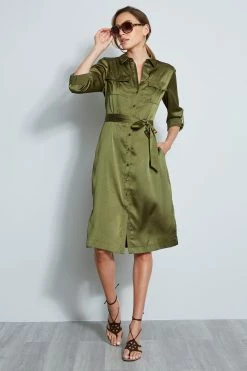 Elie Tahari Washed Satin Shirt Dress