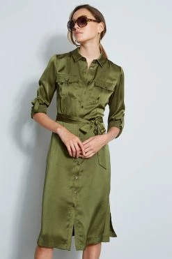 Elie Tahari Washed Satin Shirt Dress -Elie Tahari Sales 2023 E7027602 TUSCANOLIVE DRESS 2FRONT 977