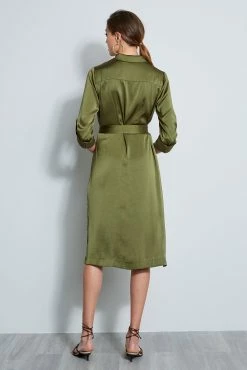 Elie Tahari Washed Satin Shirt Dress -Elie Tahari Sales 2023 E7027602 TUSCANOLIVE DRESS 3BACK 993