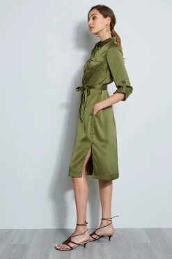 Elie Tahari Washed Satin Shirt Dress -Elie Tahari Sales 2023 E7027602 TUSCANOLIVE DRESS 4STYLING 1003