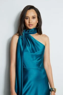 Elie Tahari One Shoulder Satin Scarf Dress -Elie Tahari Sales 2023 E702C603 PACIFICBLUE 2FRONT 1270