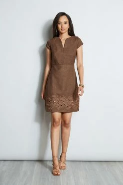 Elie Tahari Short Sleeve Embroidered Hem Dress