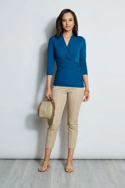Elie Tahari Mock Wrap Ruched Knit -Elie Tahari Sales 2023 E756X503 PACIFICBLUE E20M021U RATTAN 1hero 440