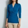 Elie Tahari Mock Wrap Ruched Knit -Elie Tahari Sales 2023 E756X503 PACIFICBLUE E20M021U RATTAN 2front 417