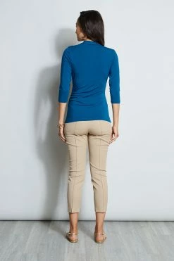 Elie Tahari Mock Wrap Ruched Knit -Elie Tahari Sales 2023 E756X503 PACIFICBLUE E20M021U RATTAN 3back 391